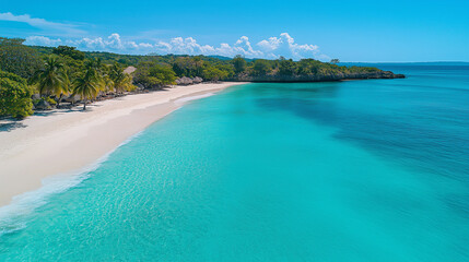 Serene tropical beach with turquoise waters and white sands under a clear blue sky surrounded by lush greenery