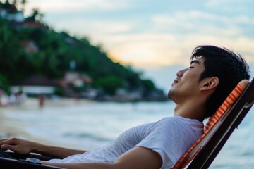 A person relaxing on a sandy beach, surrounded by calm waters