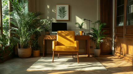 Fototapeta premium Modern office setup featuring a bright yellow chair, elegant plants, and a sleek computer workstation in a sunlit environment