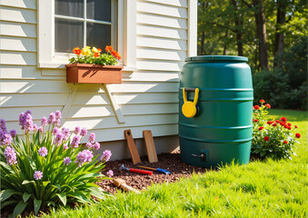 Rain Barrel and Flowers by a House