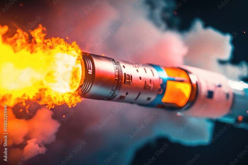 Poster a close-up shot of a rocket with flames igniting at the base, ready for liftoff