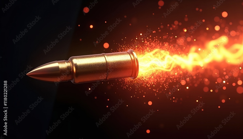 Poster bullet in flight, trailing a fiery stream of energy. a dramatic image depicting motion and power.