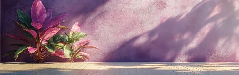 A purple studio room with a concrete wall and shadow overlays, perfect for product presentations.
