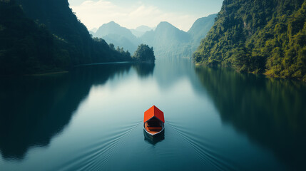 Exploring a serene lake surrounded by mountains while kayaking on a clear, calm morning