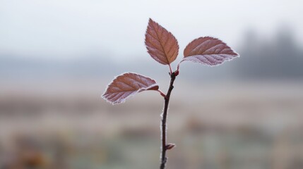 Obraz premium Frosty leaves on a branch against a blurred background.