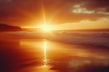Beautiful sunset over tranquil beach creating golden reflections on water