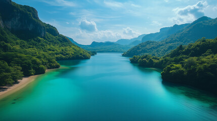 Beautiful turquoise river winding through lush mountains, perfect spot for adventurous activities