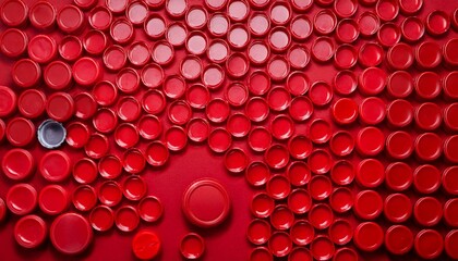 A sea of red bottle caps, one grey cap stands out.
