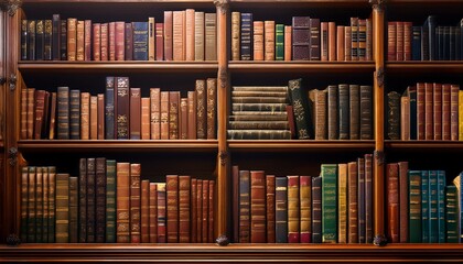 Classic books fill wooden shelves in a library.