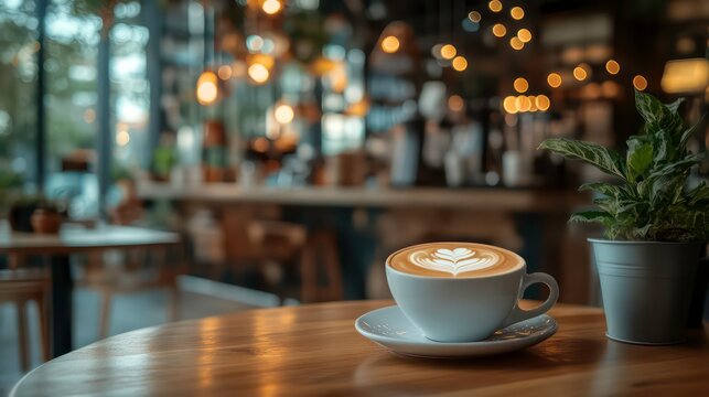 Mockup of blank screen laptop on wood table at coffee shop cafe interior with lighting bokeh, no one. Device screen indoors, template for text, ad mock-up. Business idea design concept