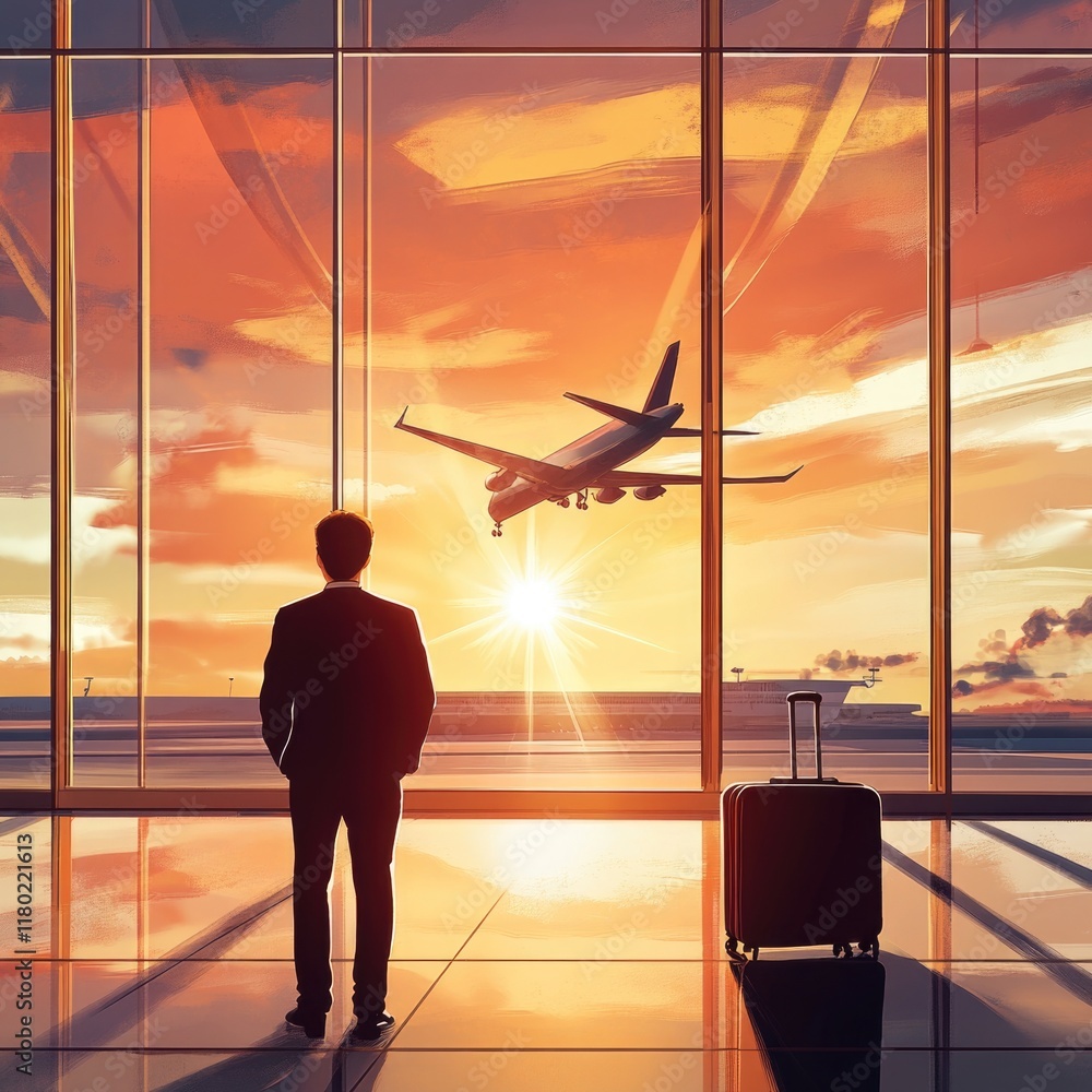 Canvas Prints A person gazing out the window at a plane taking off or landing