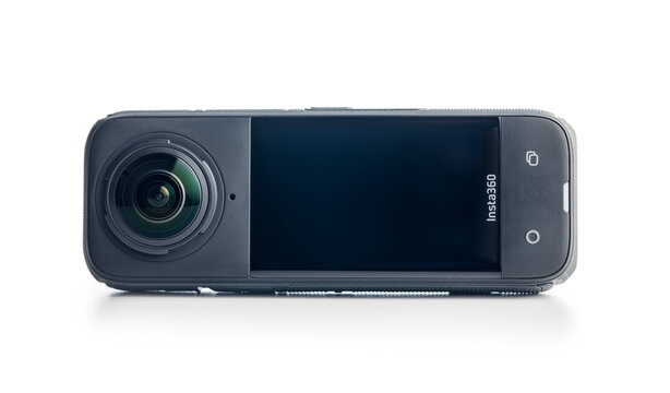 360 angle camera. Insta360 X4 isolated on white background.