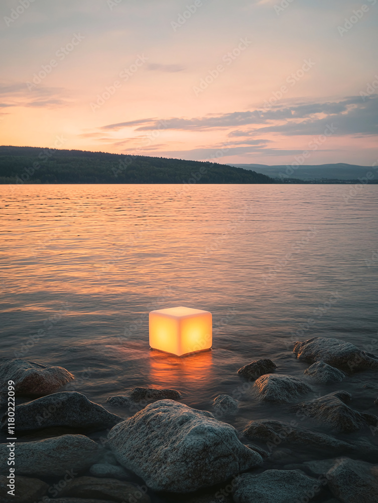 Poster illuminated cube floating on a tranquil lake during sunset