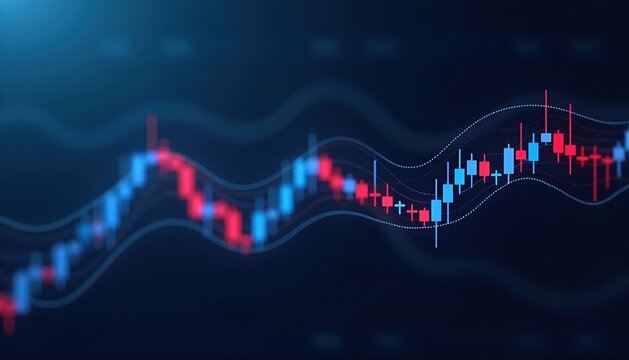 Dynamic stock market graph showcasing fluctuating prices. Red and blue candlestick patterns illustrate market trends and volatility.  Ideal for finance, investment, and trading contexts.