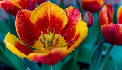 Vibrant red and yellow tulip in full bloom, glistening with morning dew.