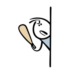 Evil stickman peeks out from behind the corner of  wall and frowns. Vector illustration of  bully holding   baseball bat,   baton and threatening to attack the victim. Isolated cartoon on white.