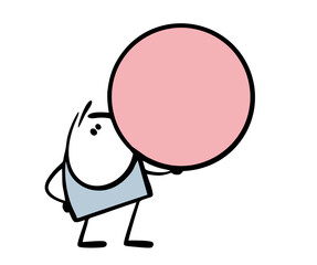 Cute funny little boy blew  huge pink bubble out of chewing gum. Vector illustration of cartoon character and  balloon. Isolated doodle child on white background.