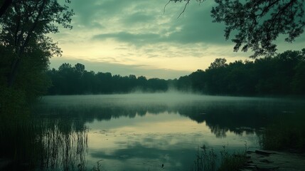 Fototapeta premium Tranquil morning mist over calm lake surrounded by lush greenery