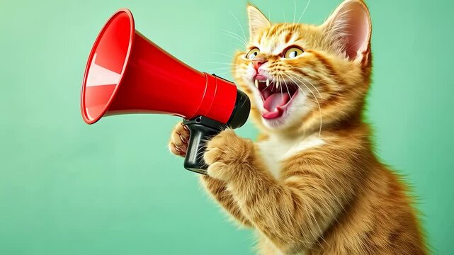 A young kitten grips a red megaphone, conveying a message of assertive communication. The bright green backdrop enhances the vibrant and playful mood of this scene.