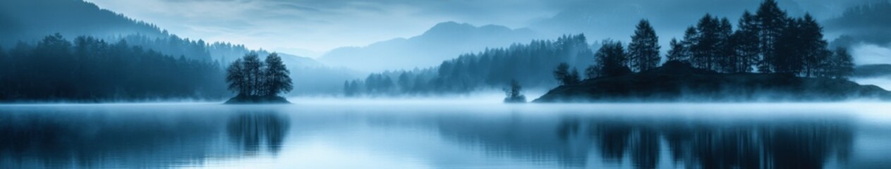 Fototapeta premium Mist envelops a tranquil lake surrounded by mountains during dawn