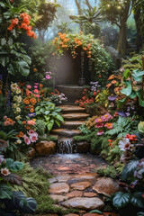 Obraz premium A garden with a waterfall in the middle of it surrounded by flowers