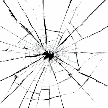 Broken glass on a dark background. After the impact, the glass surface has cracks diverging from the point of impact or bullet hit. The concept of destruction, vulnerability and fragility of existence