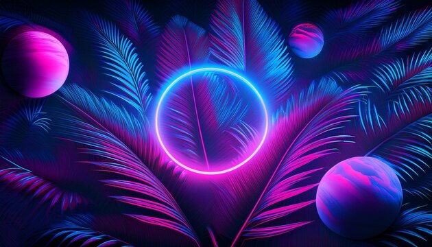 Neon palm leaves and vibrant orbs create a surreal, futuristic scene.