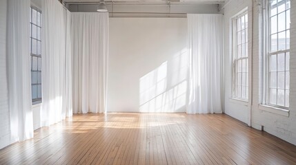 Obraz premium Minimalist art gallery with wooden flooring and bright windows, featuring a blank canvas ready for unique artwork.
