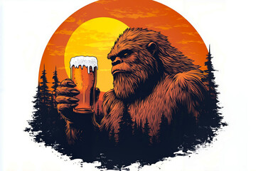 A bigfoot holding a glass of beer in front of a sunset