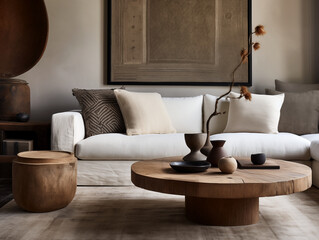 Rustic and tribal style living room interior with light walls and couch, tribal style pillows, rustic coffee table and large artwork on the wall