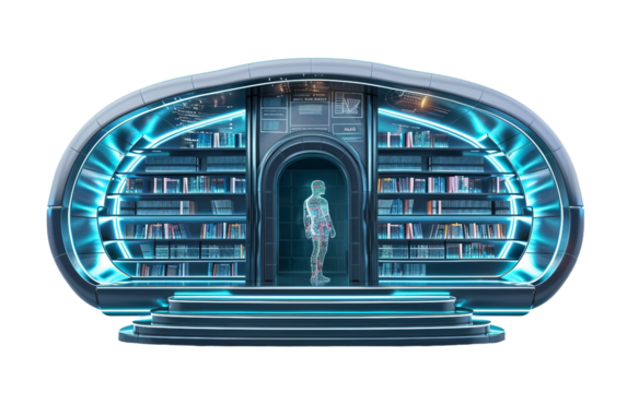 A Futuristic Library Featuring a Holographic Librarian Isolated on Transparent Background PNG