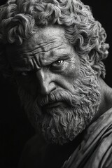 Ancient sculpture of a bearded philosopher exuding wisdom and strength