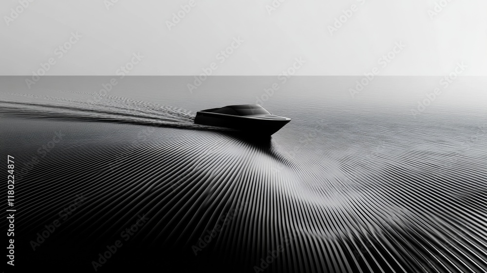 Poster a sleek boat moves gracefully across an ocean of parallel lines, creating an illusion of depth and f