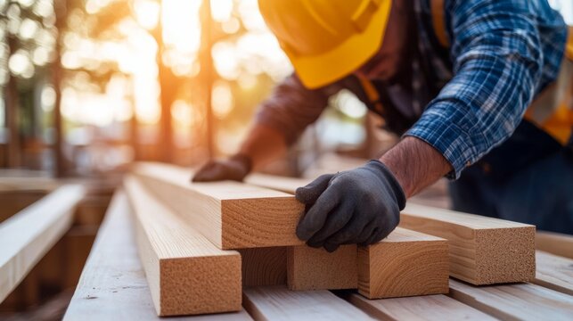 A construction worker in a safety helmet and gloves aligns wooden beams, absorbed in focused concentration as the sun sets in the background.