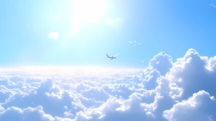 Airplane soaring above the clouds, aircraft flying in the blue sky. Ivorylight. Illustration