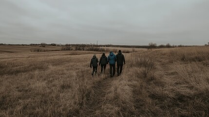 People walking on a field path on a cloudy day.