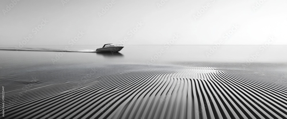 Poster a boat navigates across the ocean, creating a sense of forward motion. thin, parallel lines stretch 