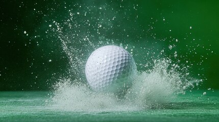 Golf ball splashing water, green background, studio shot, sports advertising