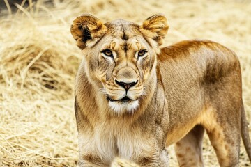 Obraz premium A close-up shot of a lion's face in a natural setting