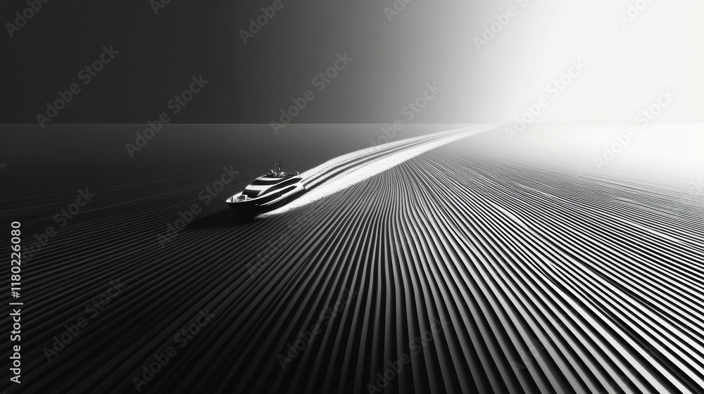 Poster a sleek boat glides over an ocean marked by thin, parallel lines that evoke a sense of speed and dir
