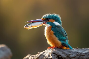 kingfisher with a fish in its beak, soft bright light