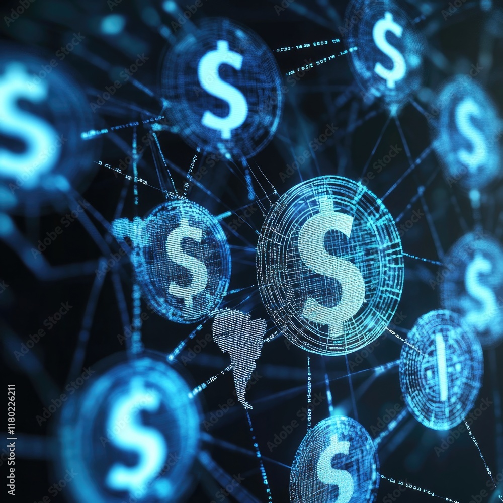 Poster a digital image of a dollar sign ($), surrounded by a network of dollar signs