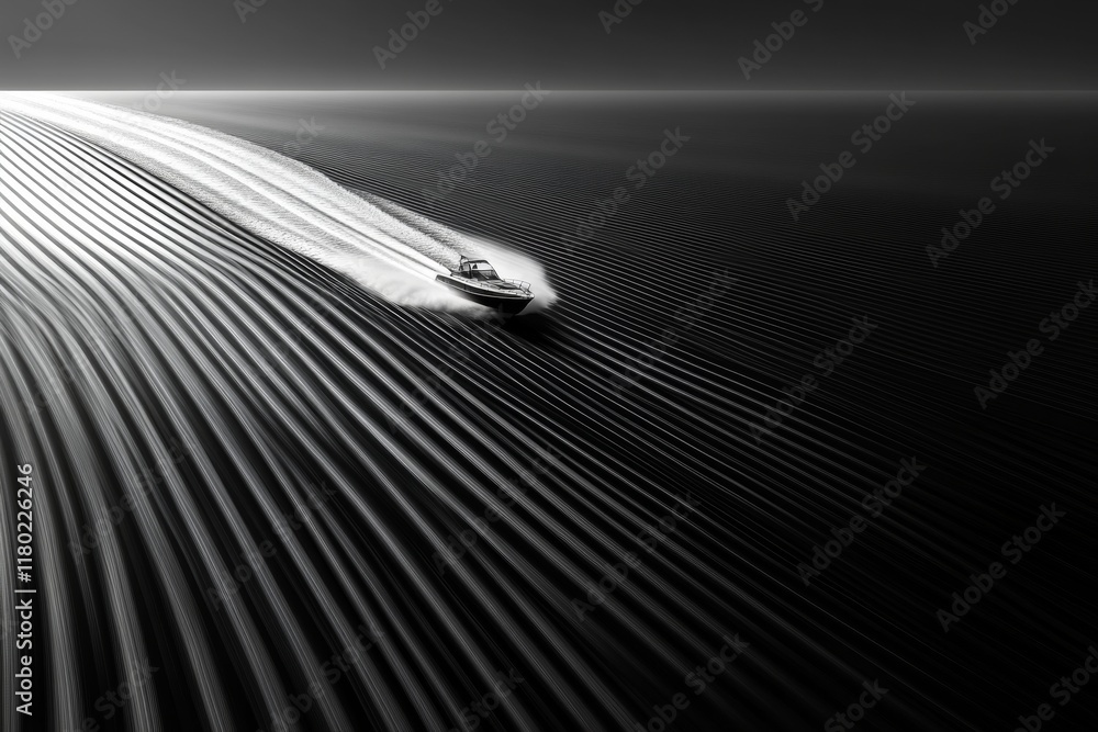 Poster a sleek boat navigates through an ocean, leaving behind a trail of dynamic, thin lines that evoke a 
