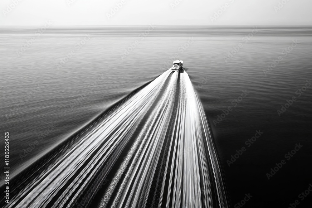 Poster a boat glides across an ocean, leaving behind a trail of dynamic, thin parallel lines. the minimalis