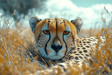 A cheetah resting in a field of tall grass, great for wildlife or nature-themed images