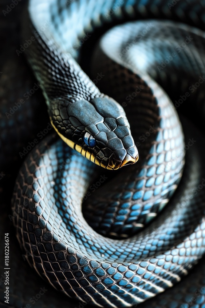Poster a close-up shot of a snake on a black background
