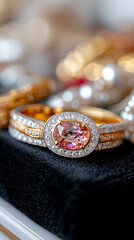 Naklejka premium Elegant diamond and pink gemstone ring display