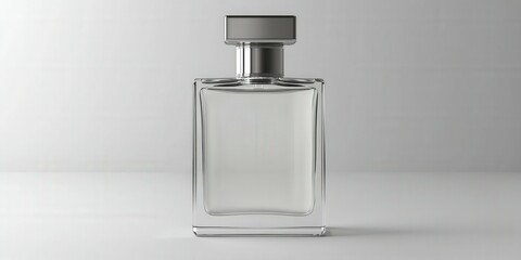 Elegant clear perfume bottle on a minimalist surface with soft lighting