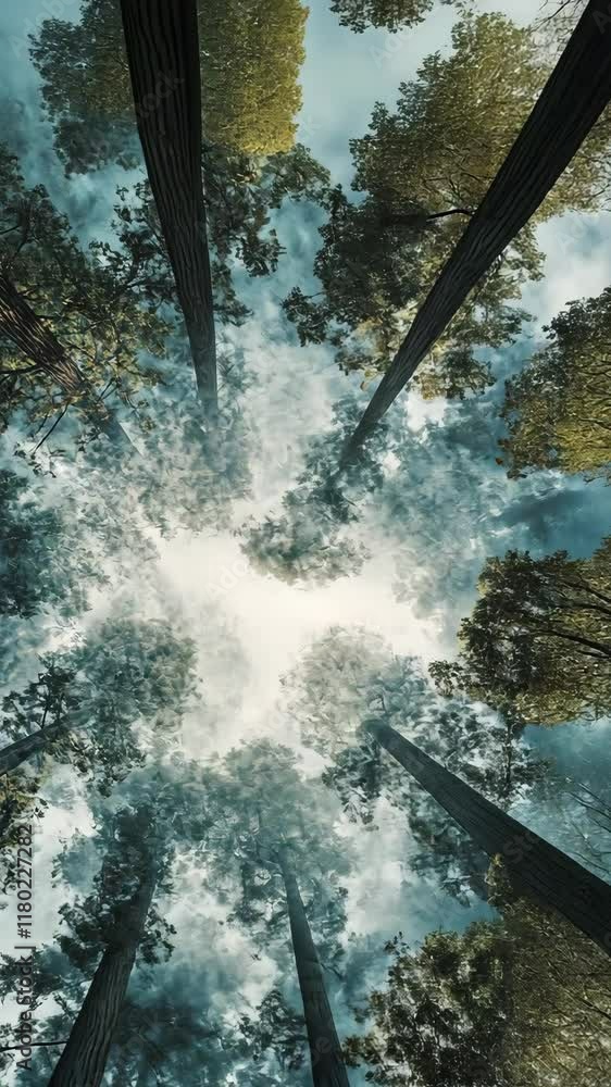 Poster majestic view of towering trees against a cloudy sky in a serene forest setting