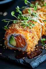 Crunchy tempura sushi roll with fresh seafood salmon and avocado, served on stone platter with micro greens and sesame garnish.